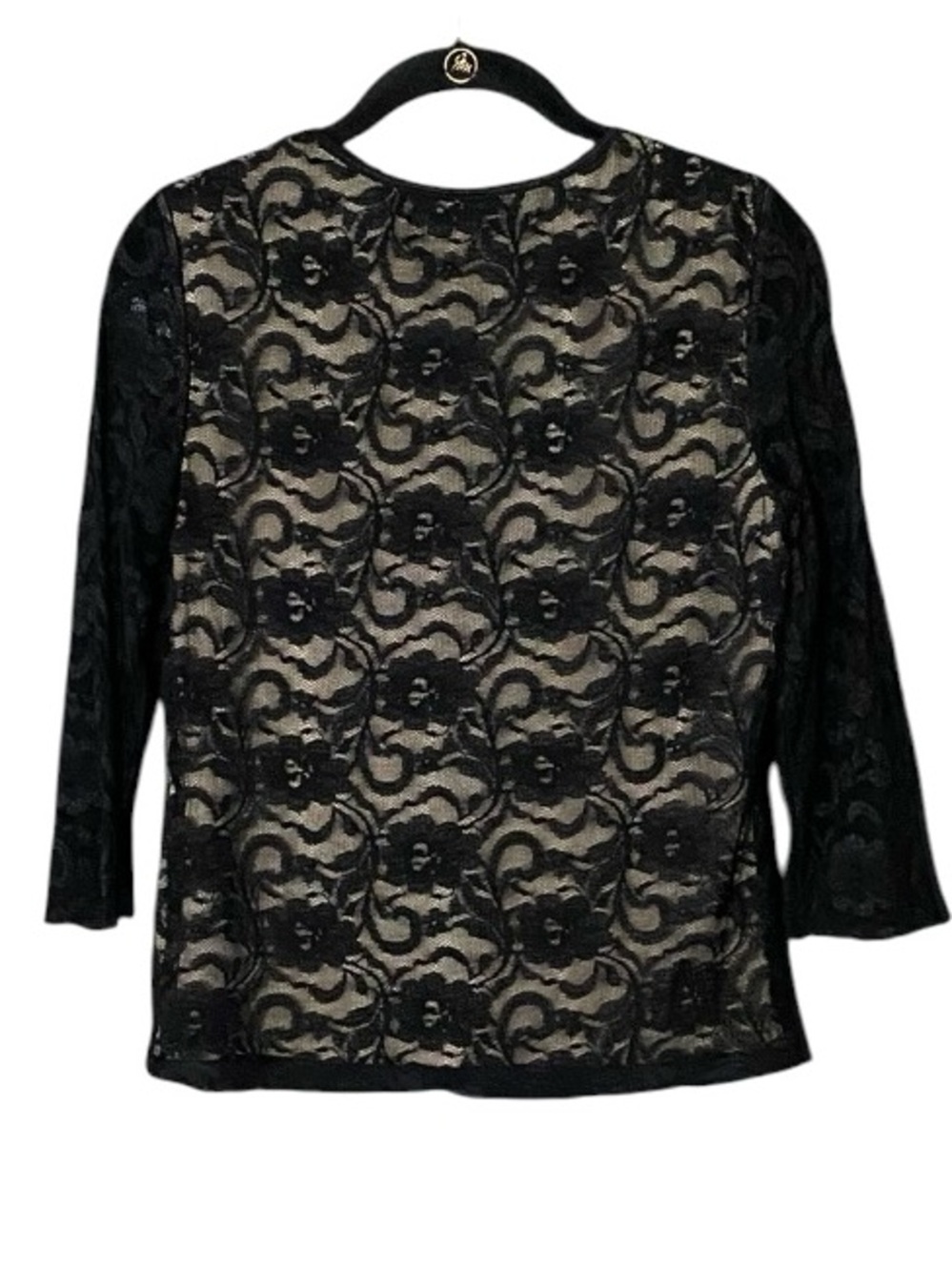 Tribal Black Floral Lace Top S Nude Lined 3/4 Sleeve Sheer Romantic Goth - Picture 6 of 9